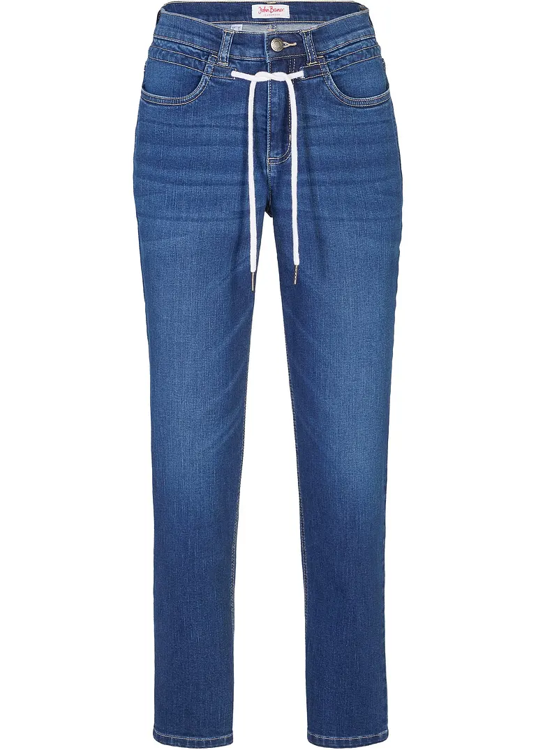 Boyfriend Jeans Mid Waist, Bindegürtel in blau von vorne - John Baner JEANSWEAR