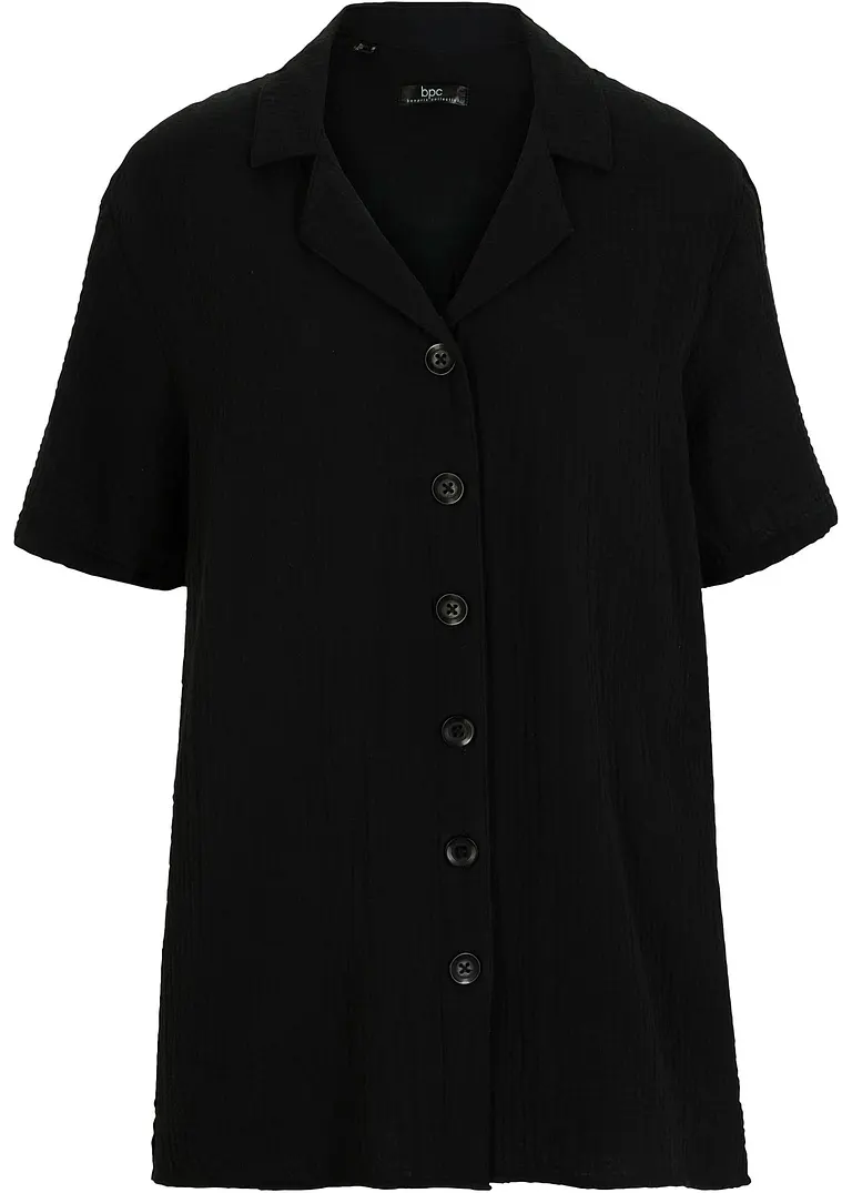 Langes Musselin-Hemd mit Knopfleiste, kurzarm in schwarz von vorne - bonprix