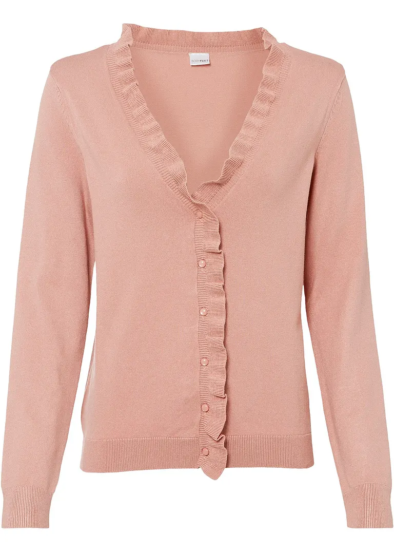 Strickjacke mit Rüschenkragen in rosa von vorne - BODYFLIRT