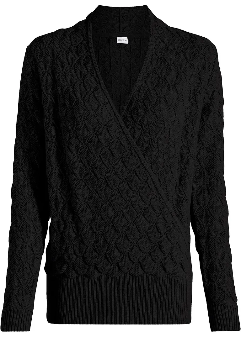 Ajour-Pullover in Wickeloptik in schwarz von vorne - bonprix