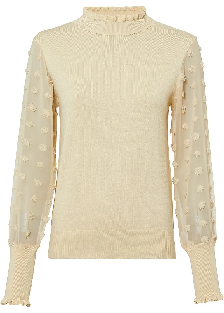 Pullover mit Organzaärmeln in beige von vorne - BODYFLIRT