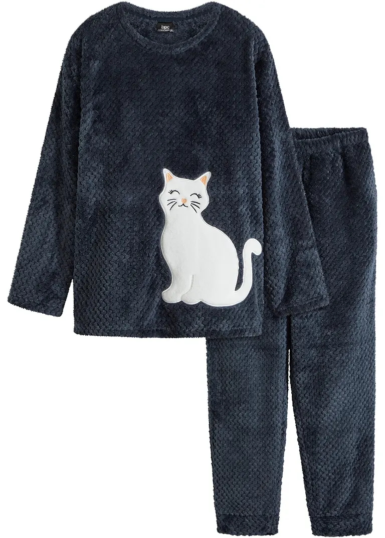 Fleece Loungewear Hausanzug mit Strukturmuster und Applikation in blau von vorne - bonprix