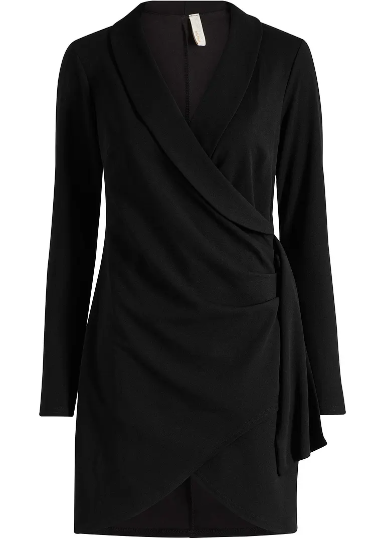 Minikleid aus strukturiertem Crêpe im Wickel-Optik in schwarz von vorne - bonprix