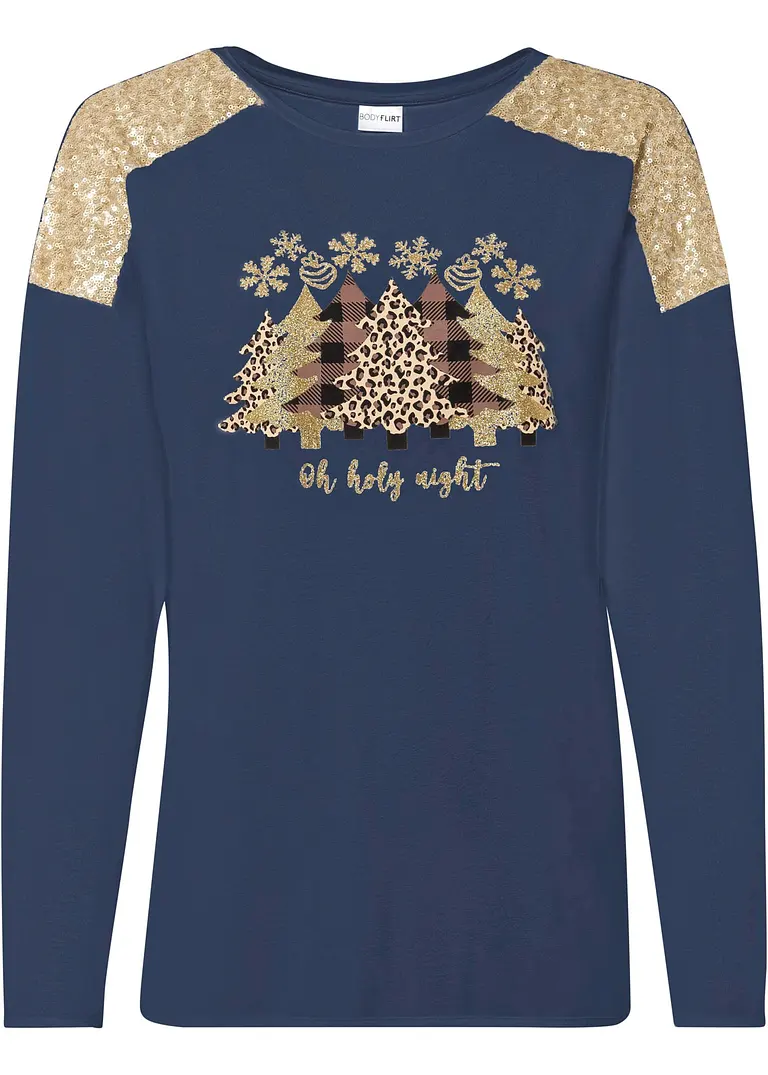 Oversize-Shirt mit Weihnachtsmotiv und schönen Pailletten in blau von vorne - BODYFLIRT boutique