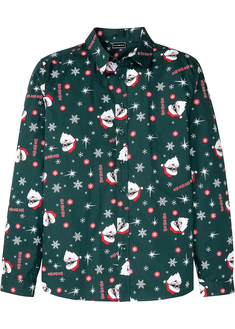 Langarmhemd mit Weihnachts-Druck aus reiner Baumwolle, Slim Fit in grün von vorne - bonprix