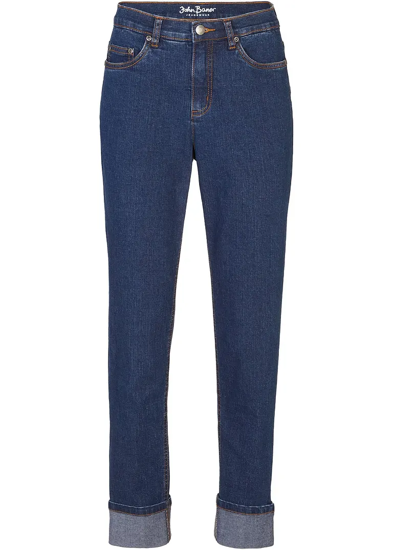 Boyfriend Jeans Mid Waist, cropped in blau von vorne - John Baner JEANSWEAR