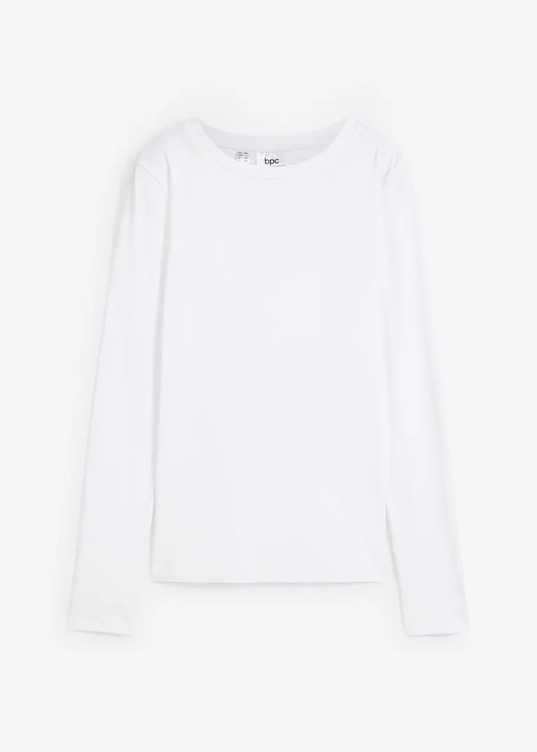 Langarm-Shirt mit halsnahem Ausschnitt in weiß von vorne - bonprix