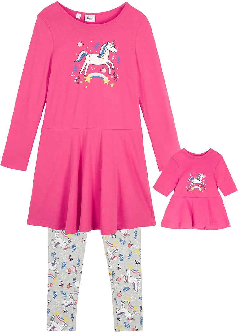 bpc bonprix collection Mädchen Jerseykleid + Leggings mit Puppenkleid (3-tlg. Set)