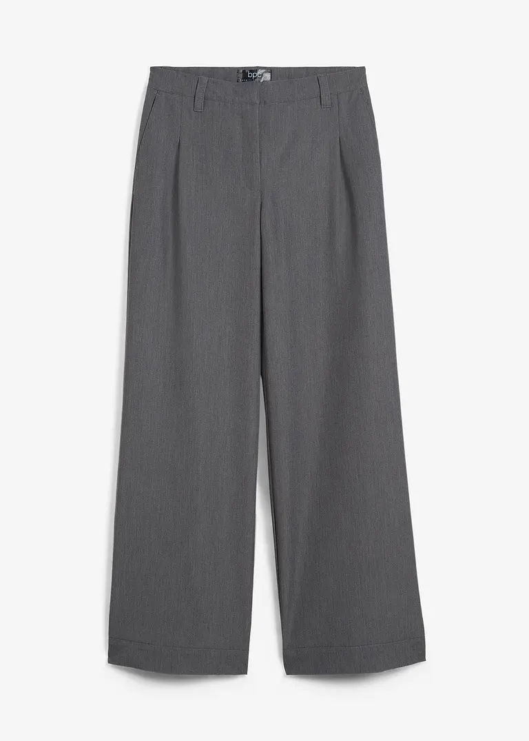 Weite Bundfaltenhose mit größenverstellbarem High-Waist-Bequembund, lang in grau von vorne - bonprix