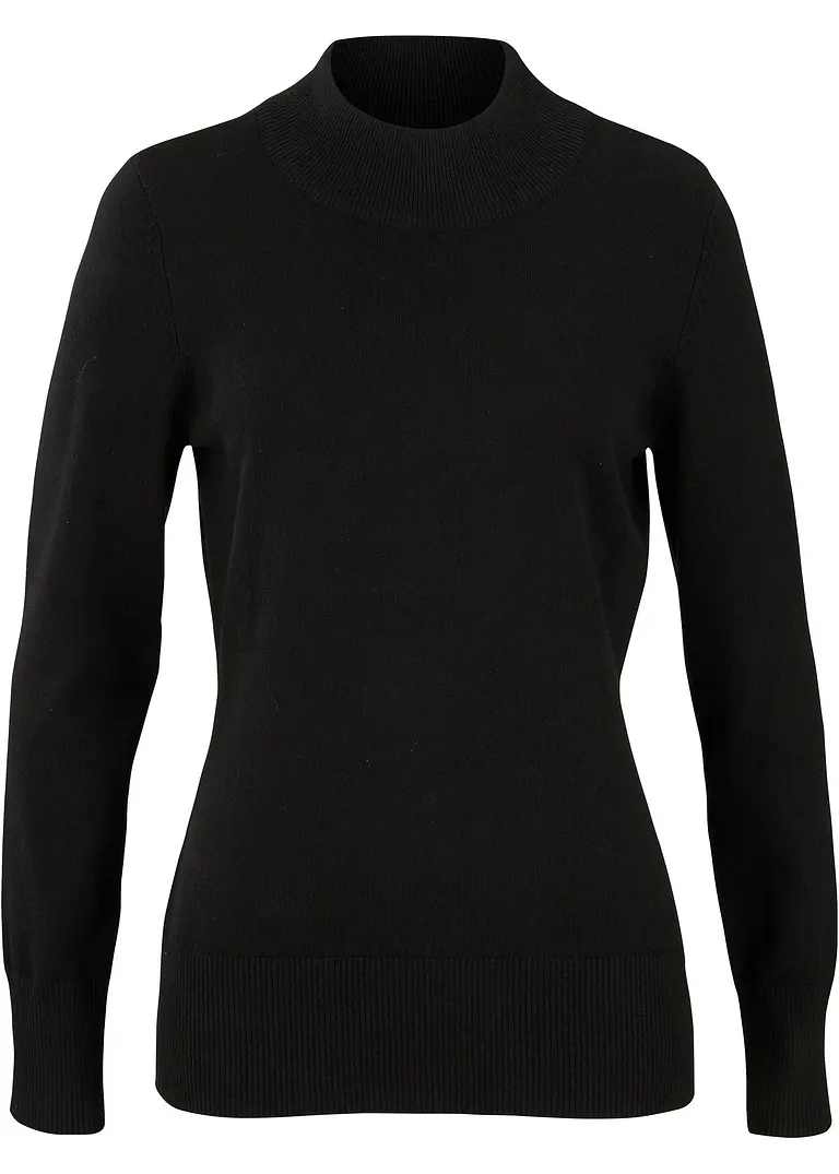 Basic Pullover mit Stehkragen mit recycelter Baumwolle in schwarz von vorne - bonprix