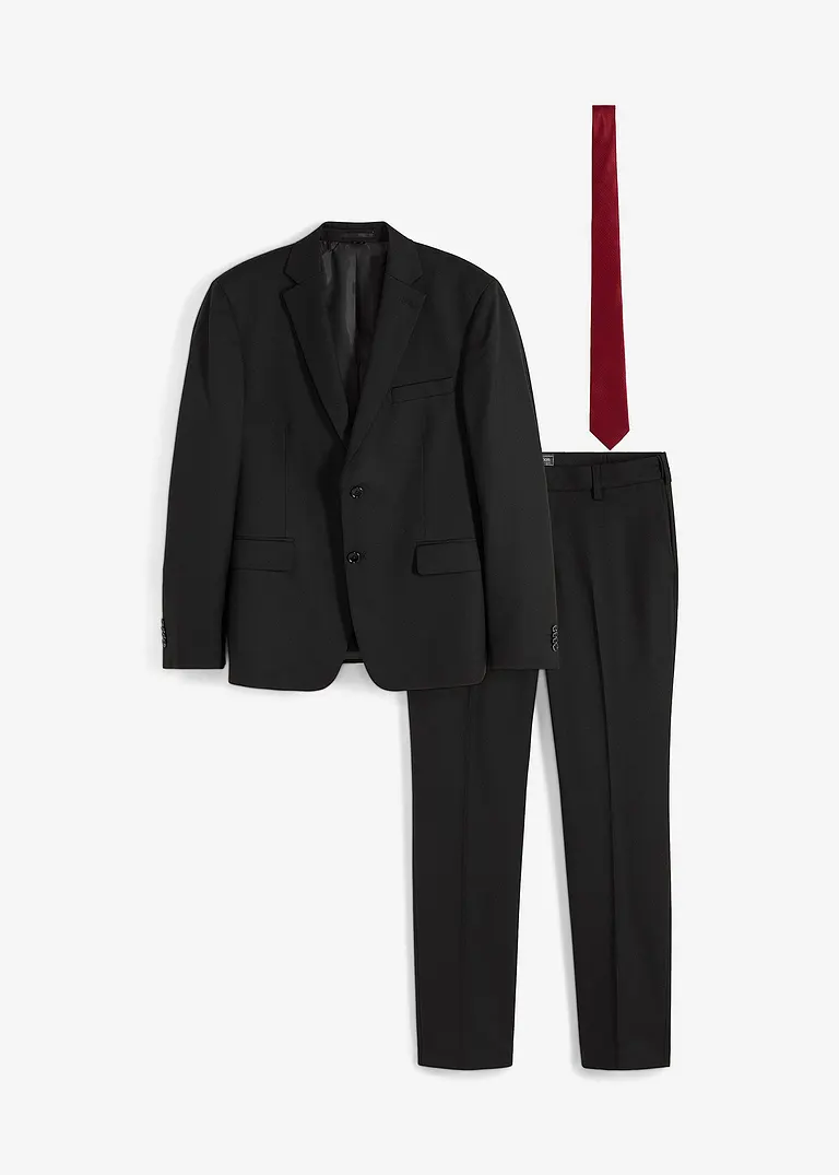 Anzug Regular Fit (3-tlg.Set): Sakko, Hose, Krawatte in schwarz von vorne - bonprix