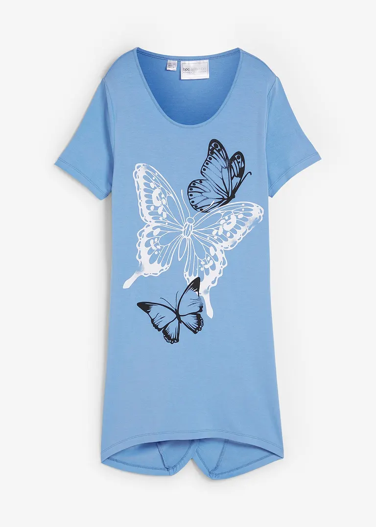 Longshirt mit Zipfel und Schmetterlingsmuster in blau von vorne - bonprix