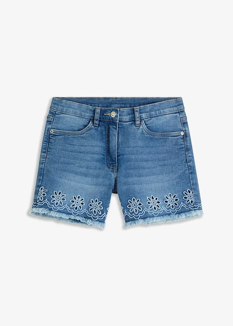 Jeans-Shorts Mid Waist, Lochstickerei in blau von vorne - bonprix