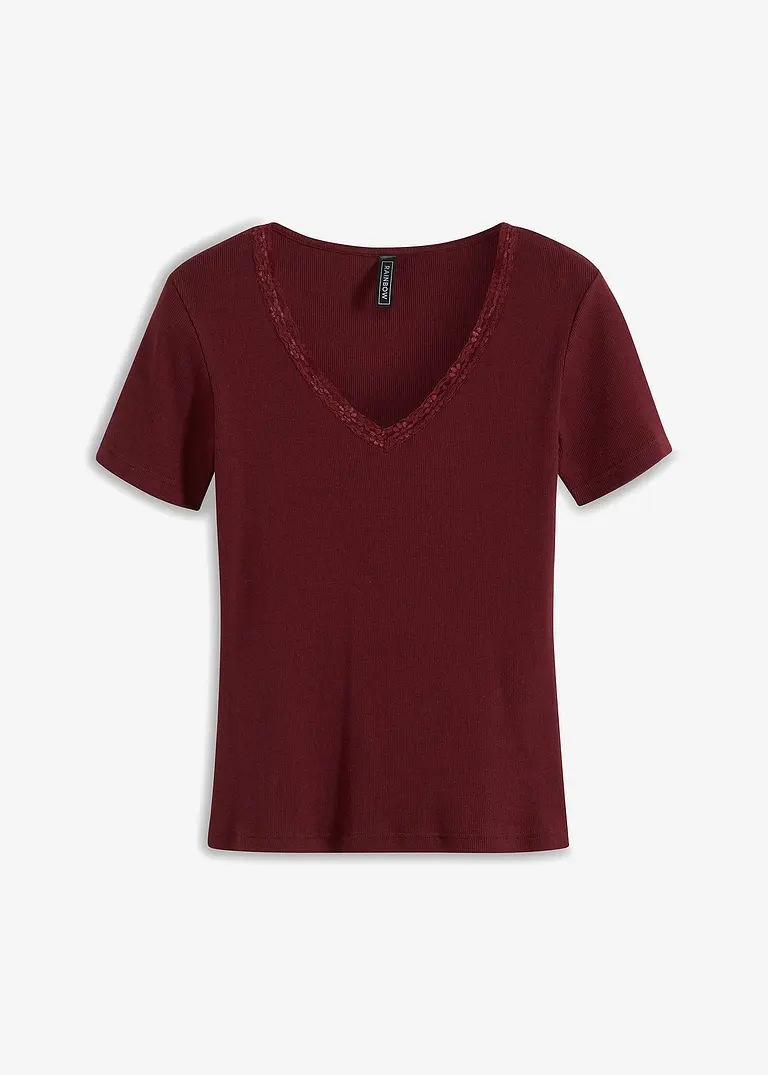 Rippshirt mit Spitze in rot von vorne - bonprix