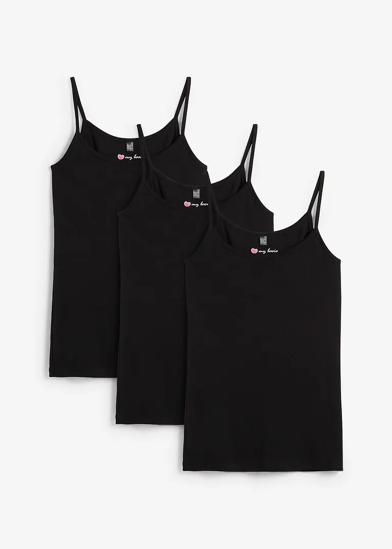 Spaghettiträger-Top aus reiner Baumwolle (3er Pack) in schwarz von vorne - bonprix