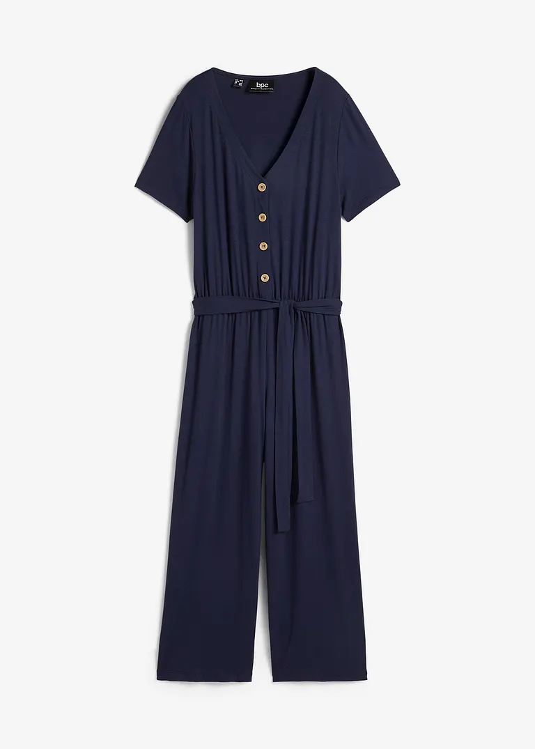 Jersey-Jumpsuit mit V-Ausschnitt, kurzarm in blau von vorne - bonprix