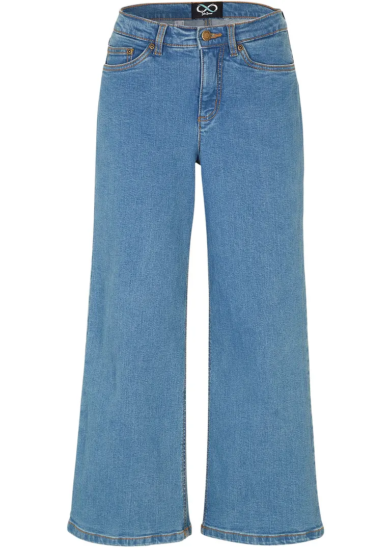 Wide Leg Jeans Mid Waist, cropped in blau von vorne - bonprix