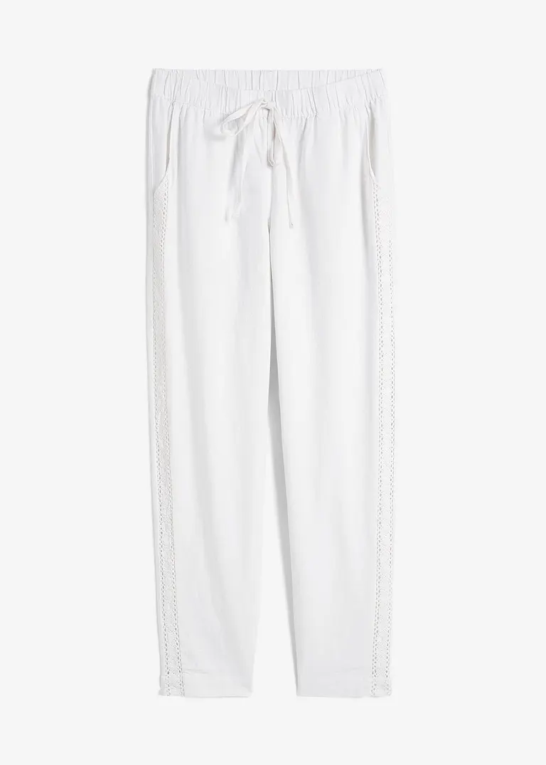 Leinenhose mit seitlichem Spitzeneinsatz, knöchelfrei in weiß von vorne - bonprix