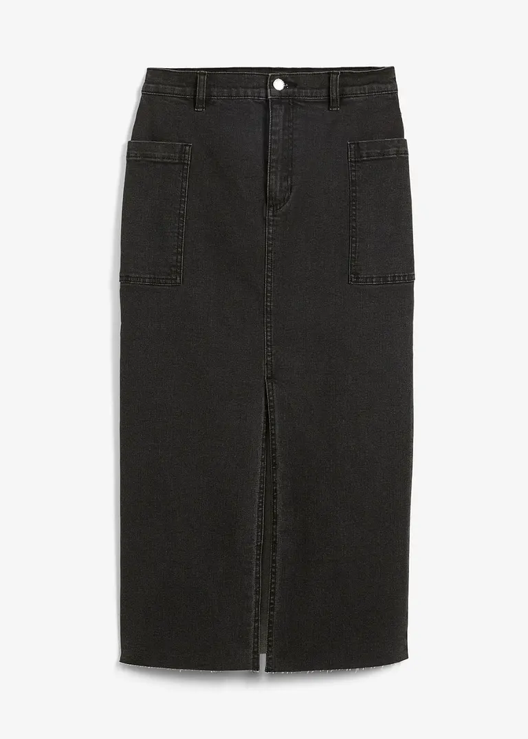 Jeansrock mit Schlitz, Midi in schwarz von vorne - bonprix