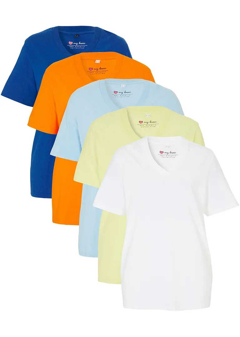 Weites Long-Shirt mit V-Ausschnitt, Kurzarm (5er Pack) in orange von vorne - bonprix