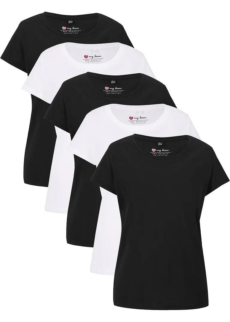 Rundhals-Shirt, Kurzarm (5er Pack) in schwarz von vorne - bonprix