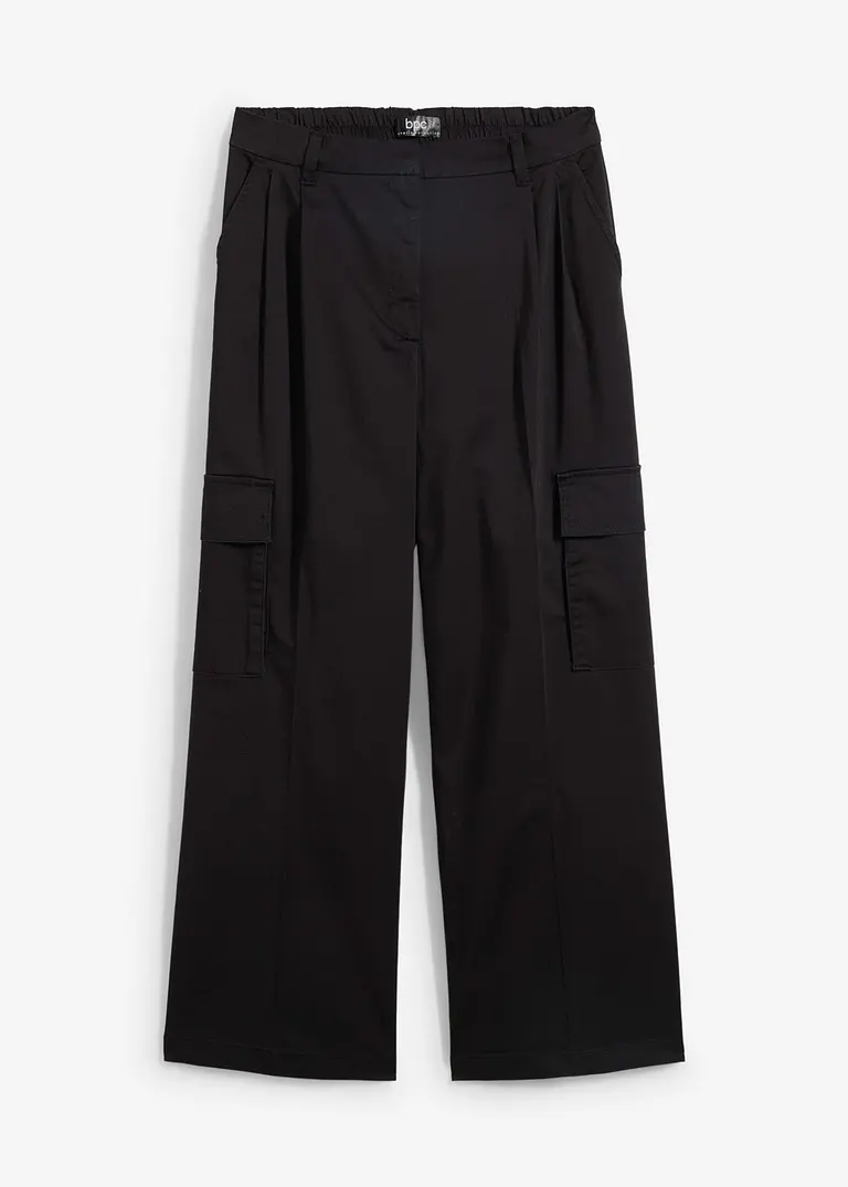 Wide Leg Cargo-Hose mit Bundfalten und Bequembund, 7/8-Länge in schwarz von vorne - bonprix