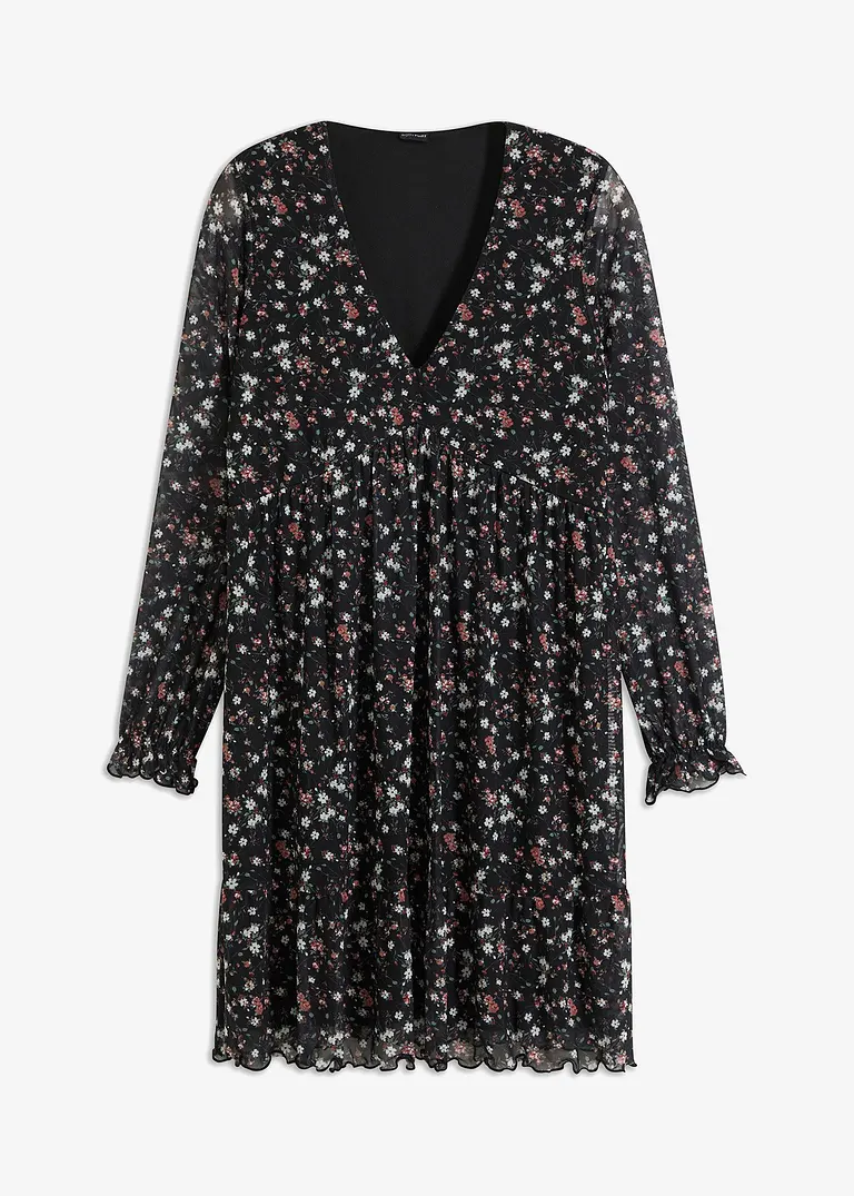 Mesh-Kleid mit Volant in schwarz von vorne - bonprix