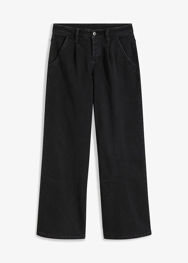 Wide-Leg-Jeans, Mid Waist in schwarz von vorne - bonprix