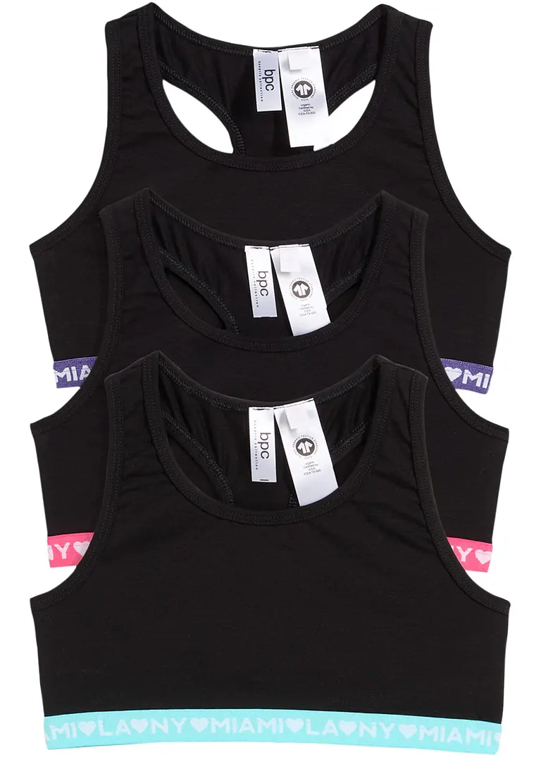 Mädchen Bustier mit Bio-Baumwolle (3er Pack) in schwarz von vorne - bonprix
