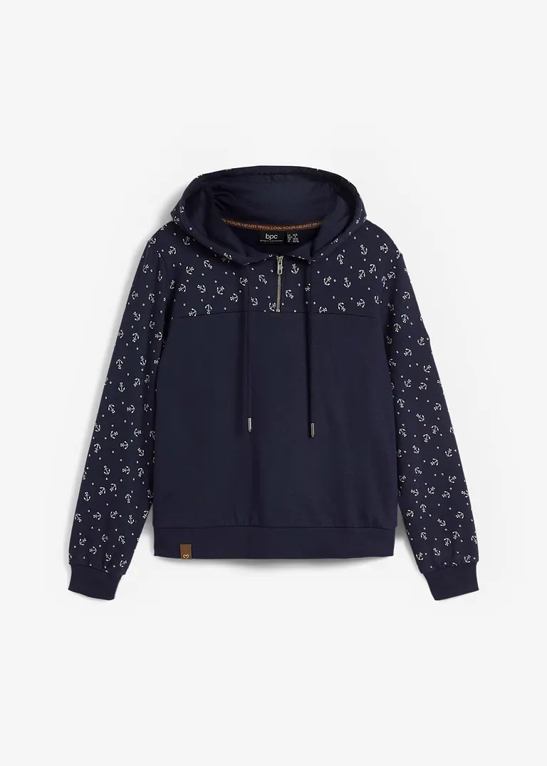 Kapuzensweatshirt mit Reißverschluss aus reiner Baumwolle in blau von vorne - bonprix