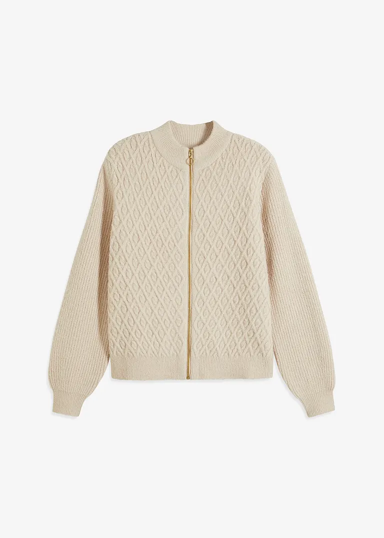 Strickjacke mit Zopmuster in beige von vorne - bonprix