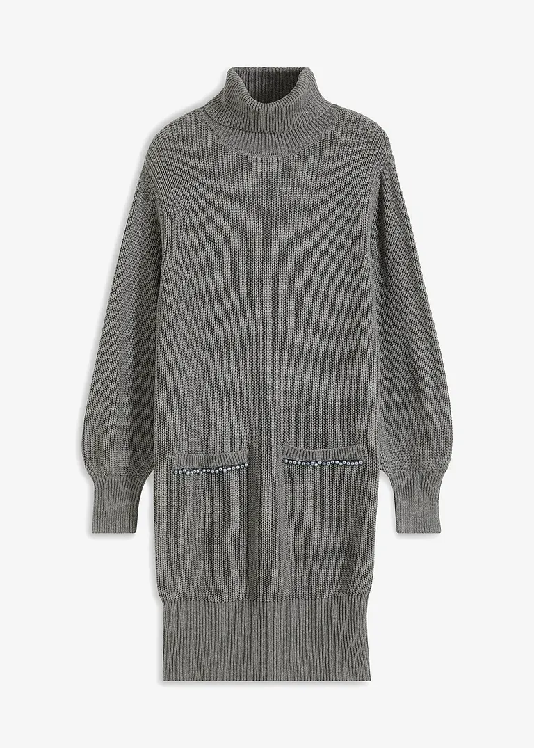 Strickkleid mit aufgesetzten Perlen in grau von vorne - bonprix