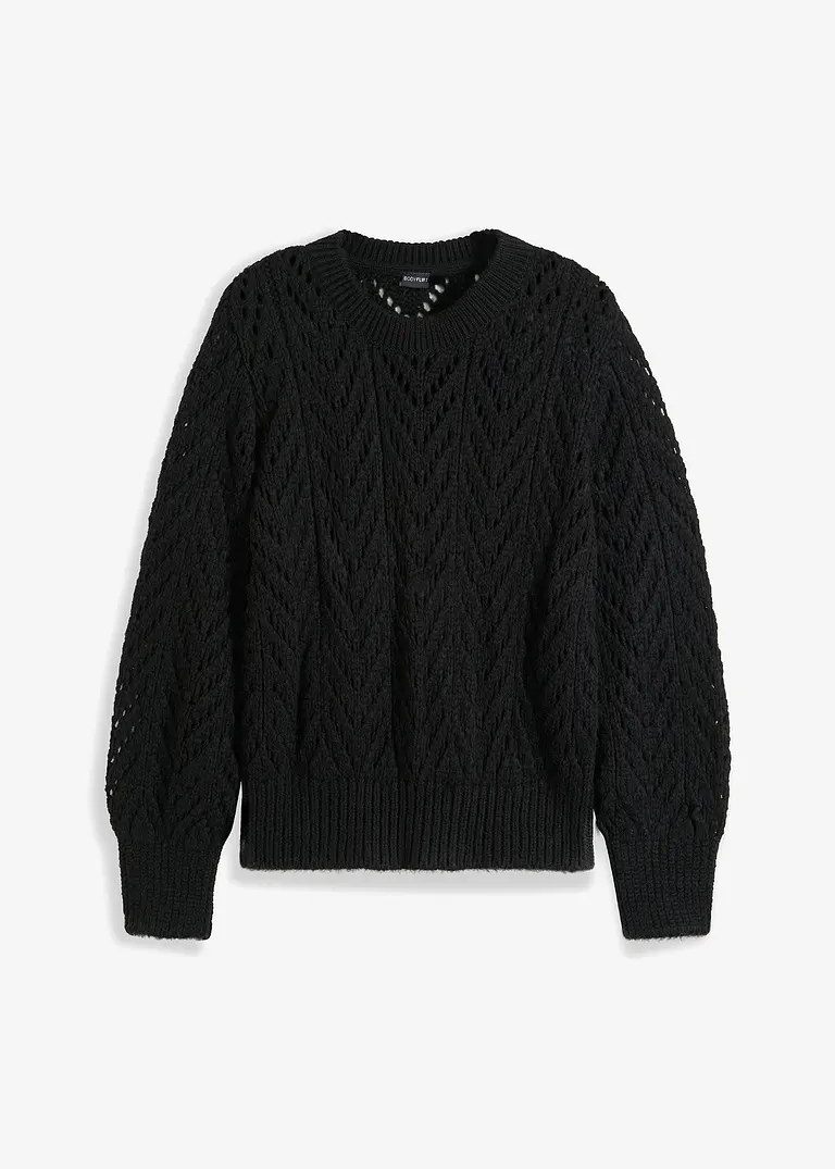 Flauschpullover mit Lochmuster in schwarz von vorne - bonprix