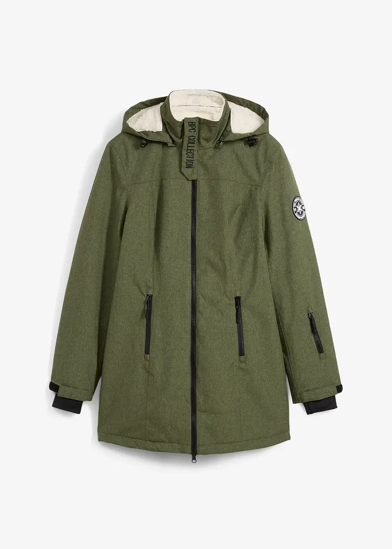 wasserdichte Funktions-Outdoor-Longjacke mit Teddyfleece in grün von vorne - bonprix
