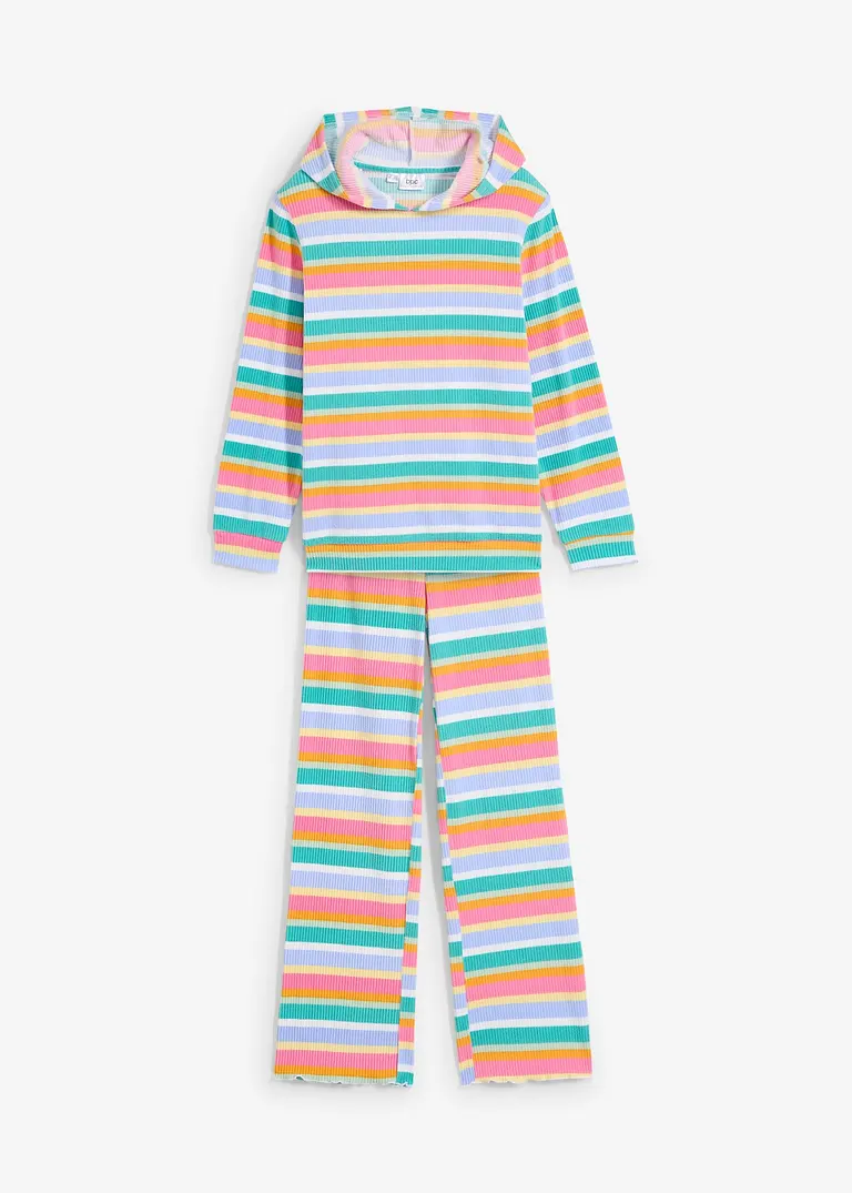 Kinderanzug mit Kapuze aus flauschiger Rippware(2-tlg.Set) in gelb von vorne - bonprix