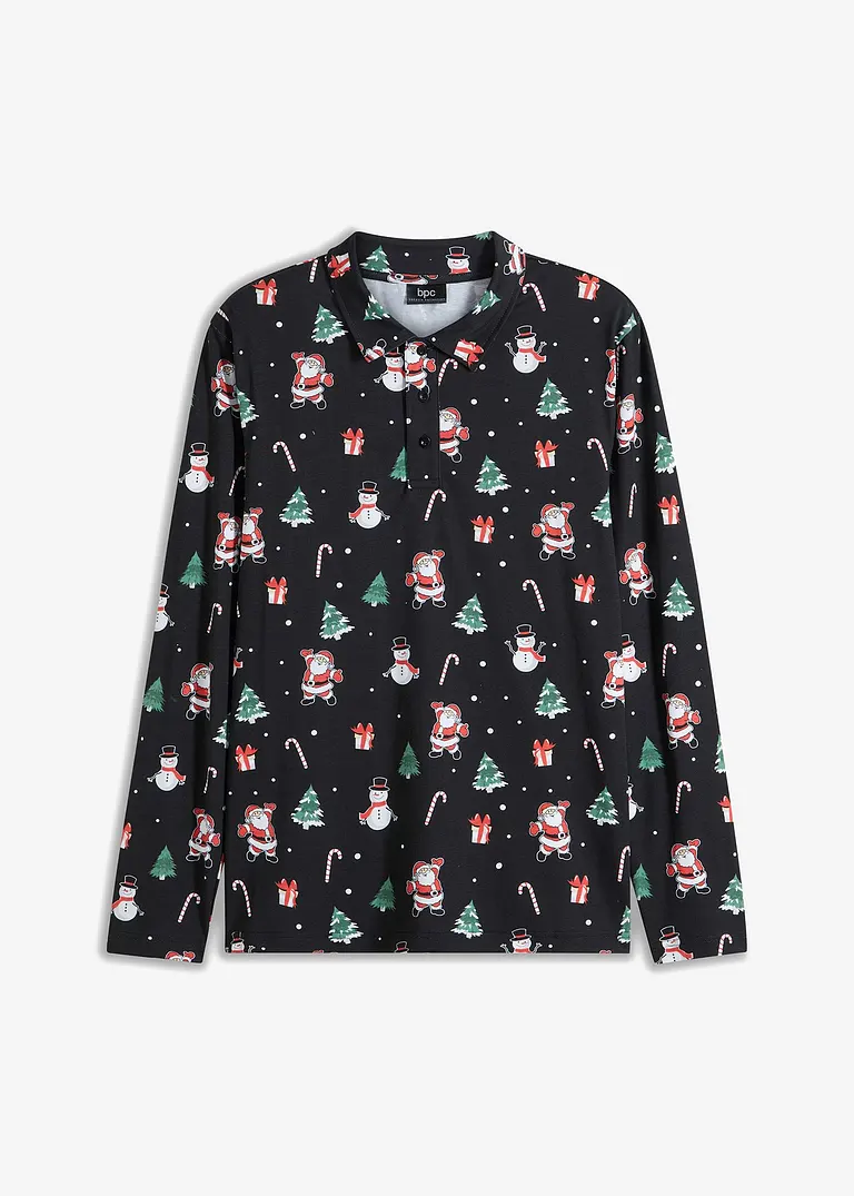 Poloshirt mit Weihnachtsmotiv aus Baumwolle in schwarz von vorne - bonprix