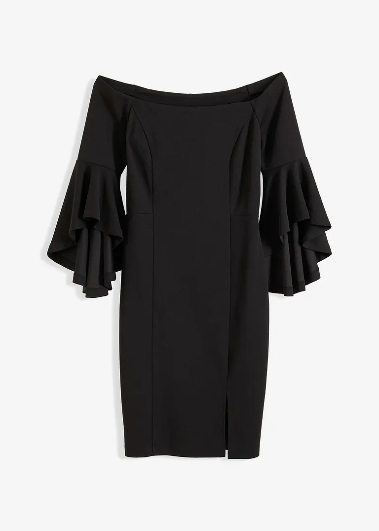 Carmen-Kleid mit Volant-Ärmel in schwarz von vorne - bonprix