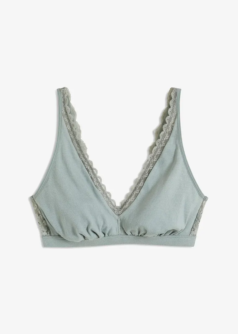 Geripptes Bralette mit Bio-Baumwolle und Spitze in grau von vorne - bonprix