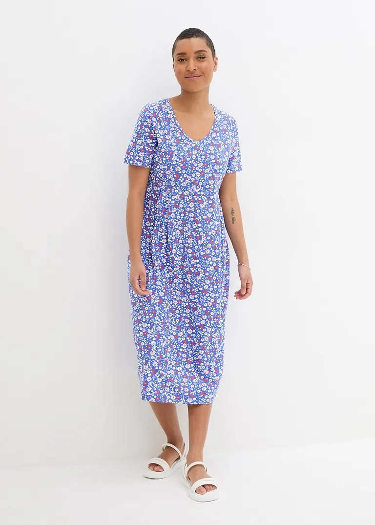 Baumwoll-Jerseykleid, Midilänge in blau von vorne (Totalaufnahme) - bonprix