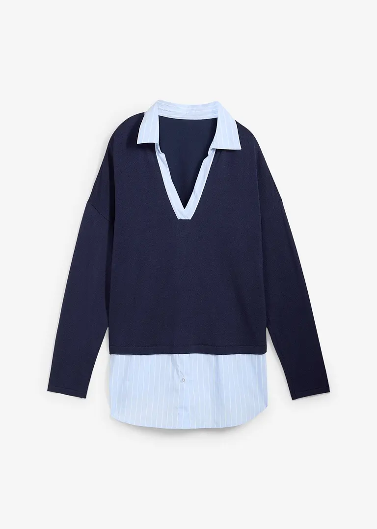 Feinstrickpullover mit Bluseneinsatz in blau von vorne - bonprix