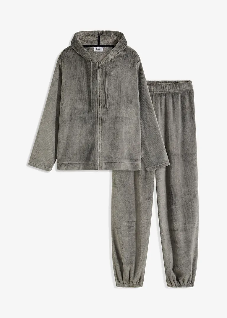 Loungewear Hausanzug aus Kuschelfleece in schwarz von vorne - bonprix