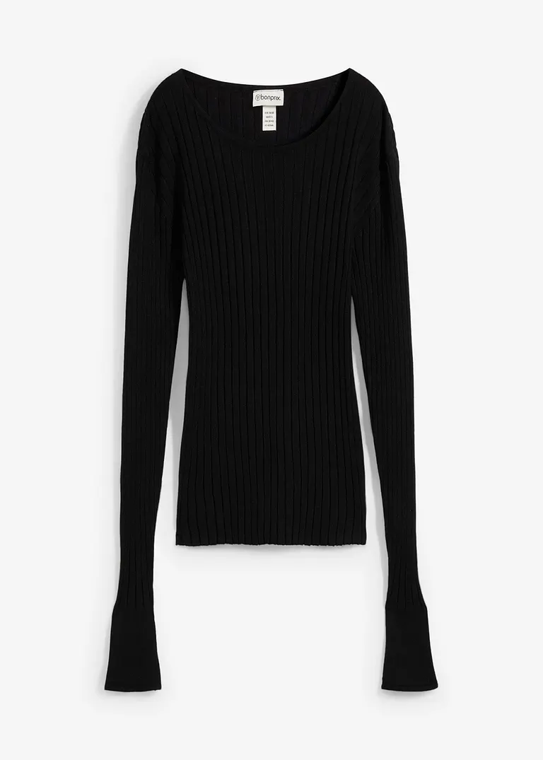 Geripptes Strickshirt in schwarz von vorne - bonprix