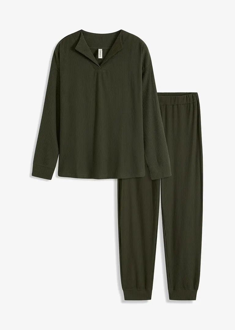 Oversized Loungewear Hausanzug aus weicher Rippe in grün von vorne - bonprix