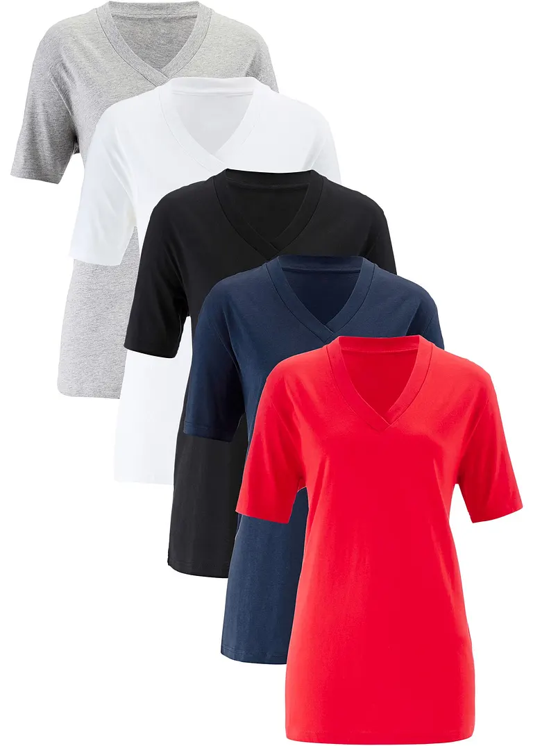 Weites Long-Shirt mit V-Ausschnitt, Kurzarm (5er Pack) in rot - bonprix