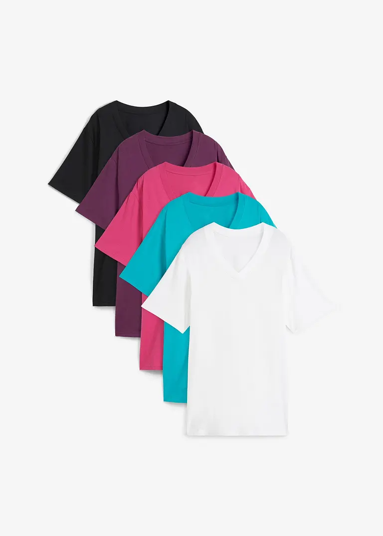 Weites Long-Shirt mit V-Ausschnitt, Kurzarm (5er Pack) in grün von vorne - bonprix