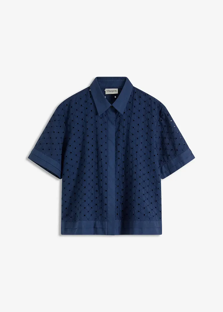 Bluse mit Lochstickerei in blau von vorne - bonprix