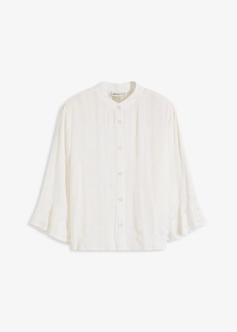 Bluse mit Volant und Perlen in weiß von vorne - bonprix