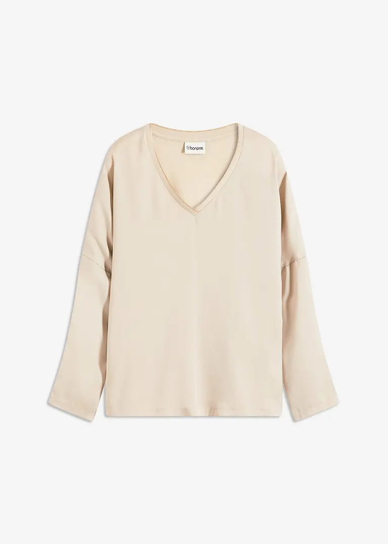 Fledermausshirt mit Satineinsatz in beige von vorne - bonprix