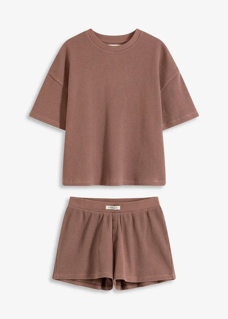Oversized Loungewear Shorty Hausanzug aus Waffeljersey in braun von vorne - bonprix