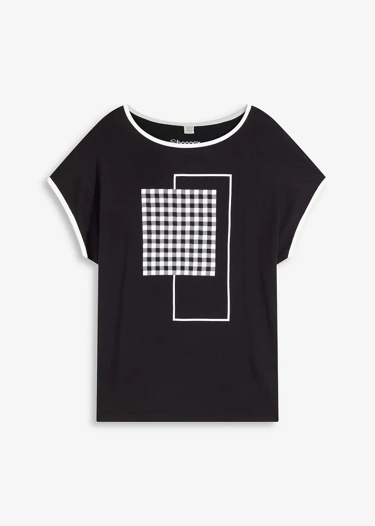 Shirt mit platziertem Druck und Kontrast Piping in schwarz von vorne - bonprix